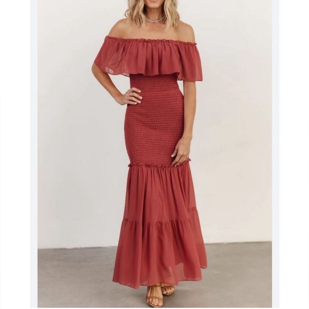 Baltic Born Off-Shoulder Maxi Dress in Rust Red